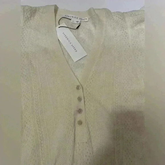 Veronica Beard KIRKA MERINO WOOL HENLEY POINTELLE SWEATER Ivory Small NWT - Picture 5 of 7